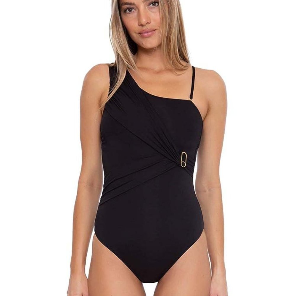 NWT Trina Turk Monaco Asymetrical One Shoulder One Piece Bathing Suit Black